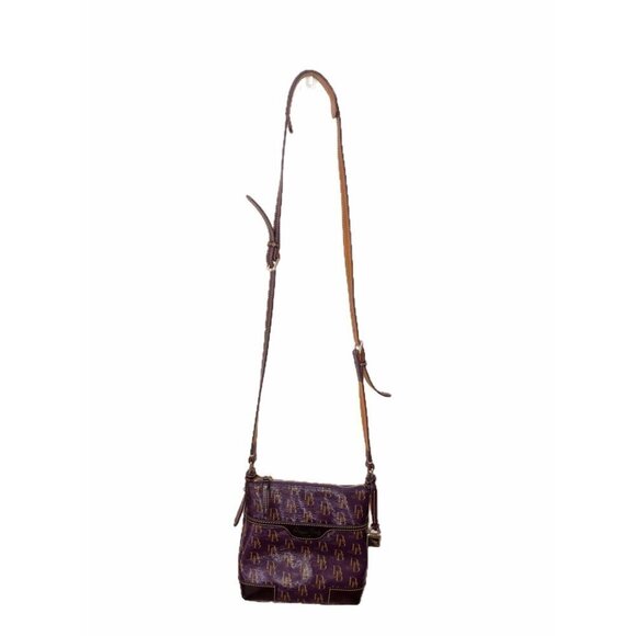 Dooney & Bourke Crossbody Bag Plum Gold DB 1975 Brown Leather Trim Adjustable - Picture 2 of 14